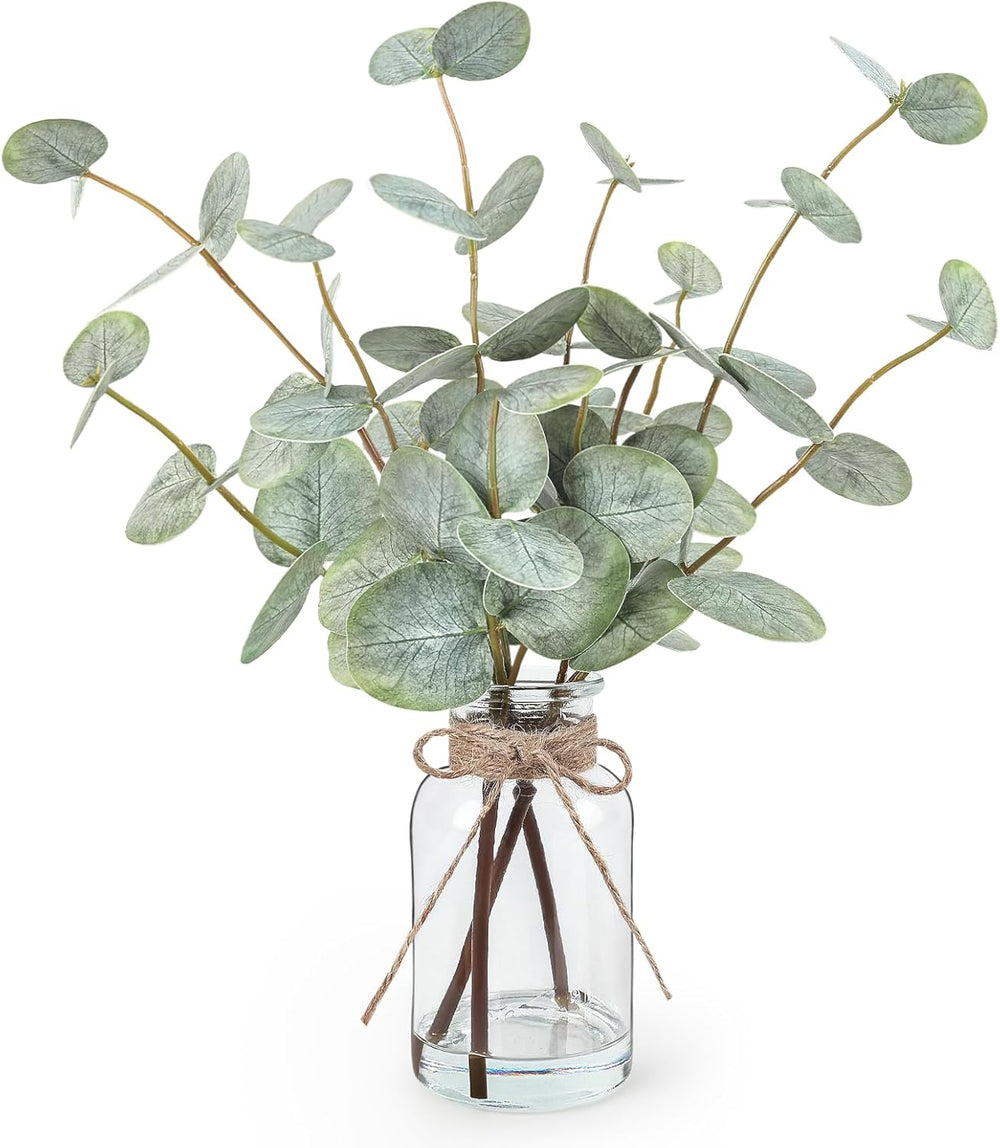 Artificial Eucalyptus Stems in Glass Vase with Faux Water, 13.5" Fake Plants for Home Decor, Coffee Table Centerpieces, Office, Bathroom & Farmhouse Weddings - Faux Greenery Plants Decorations