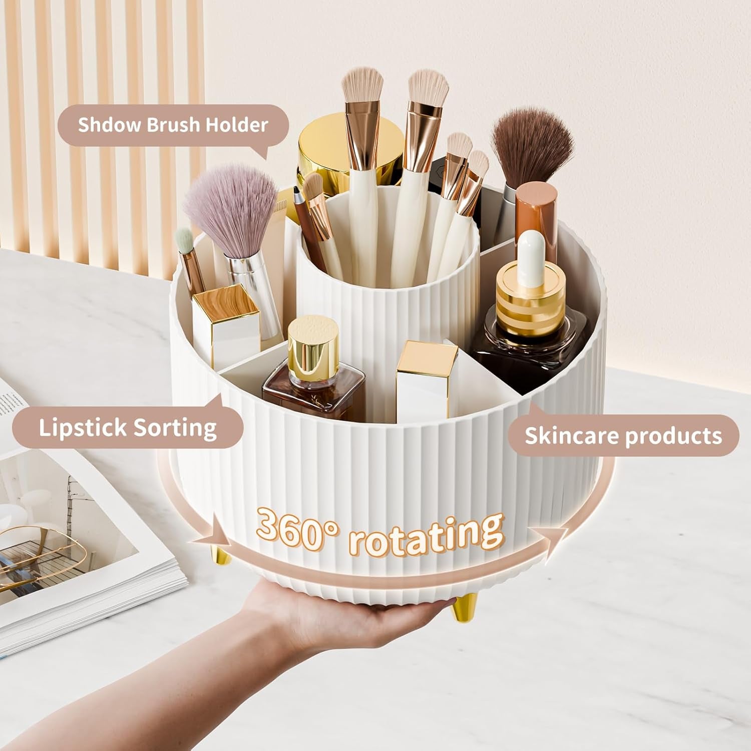 360Â° Rotate Makeup Brush Holder Organizer, Makeup Organizers Countertop, Makeup Organization and Skincare Storage for Vanity, Desktop, Bathroom (White)