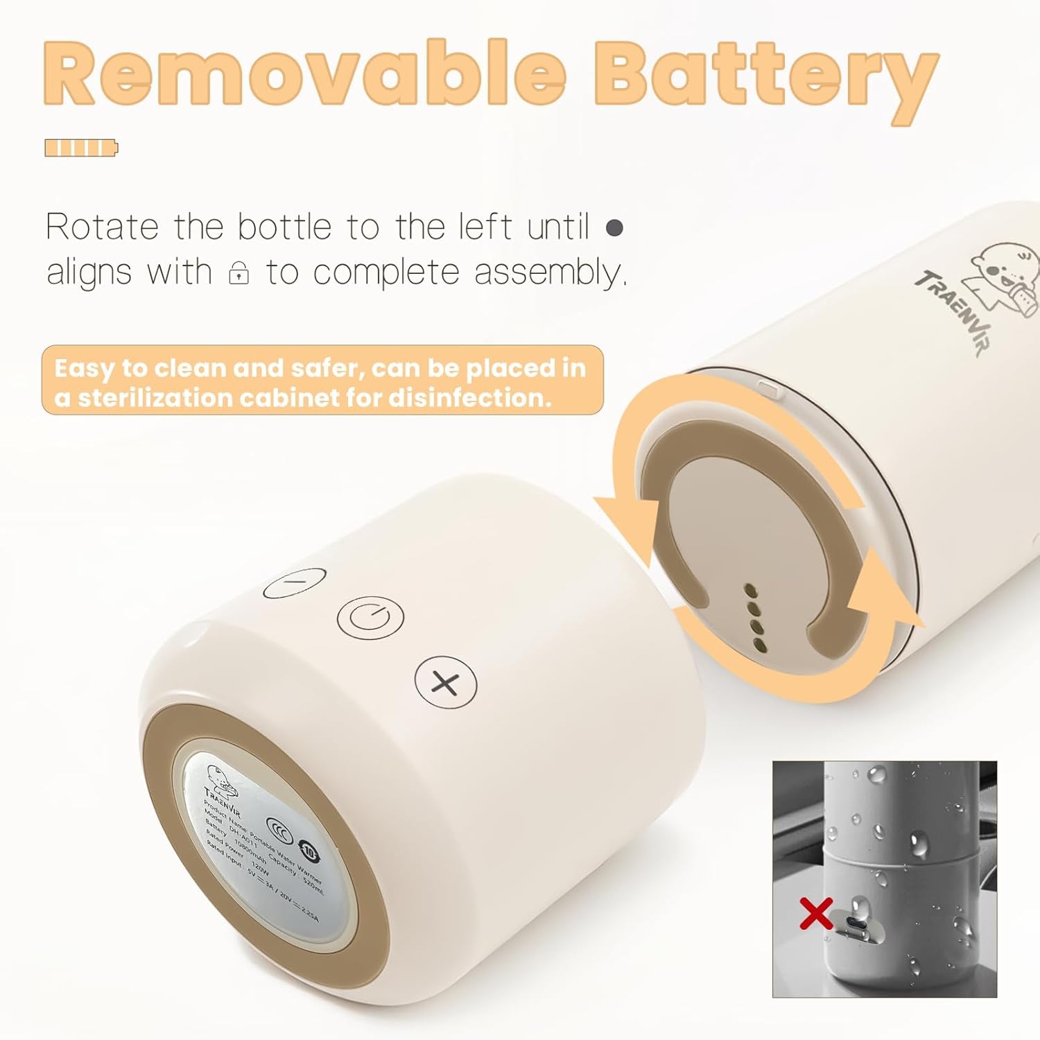 Portable Baby Bottle Warmer, Travel-Friendly with Detachable Battery Base, Type-C Fast Charge, 316 Stainless Steel, Touch Control, 8H Constant Temperature, Child Lock, 95-131Â°F
