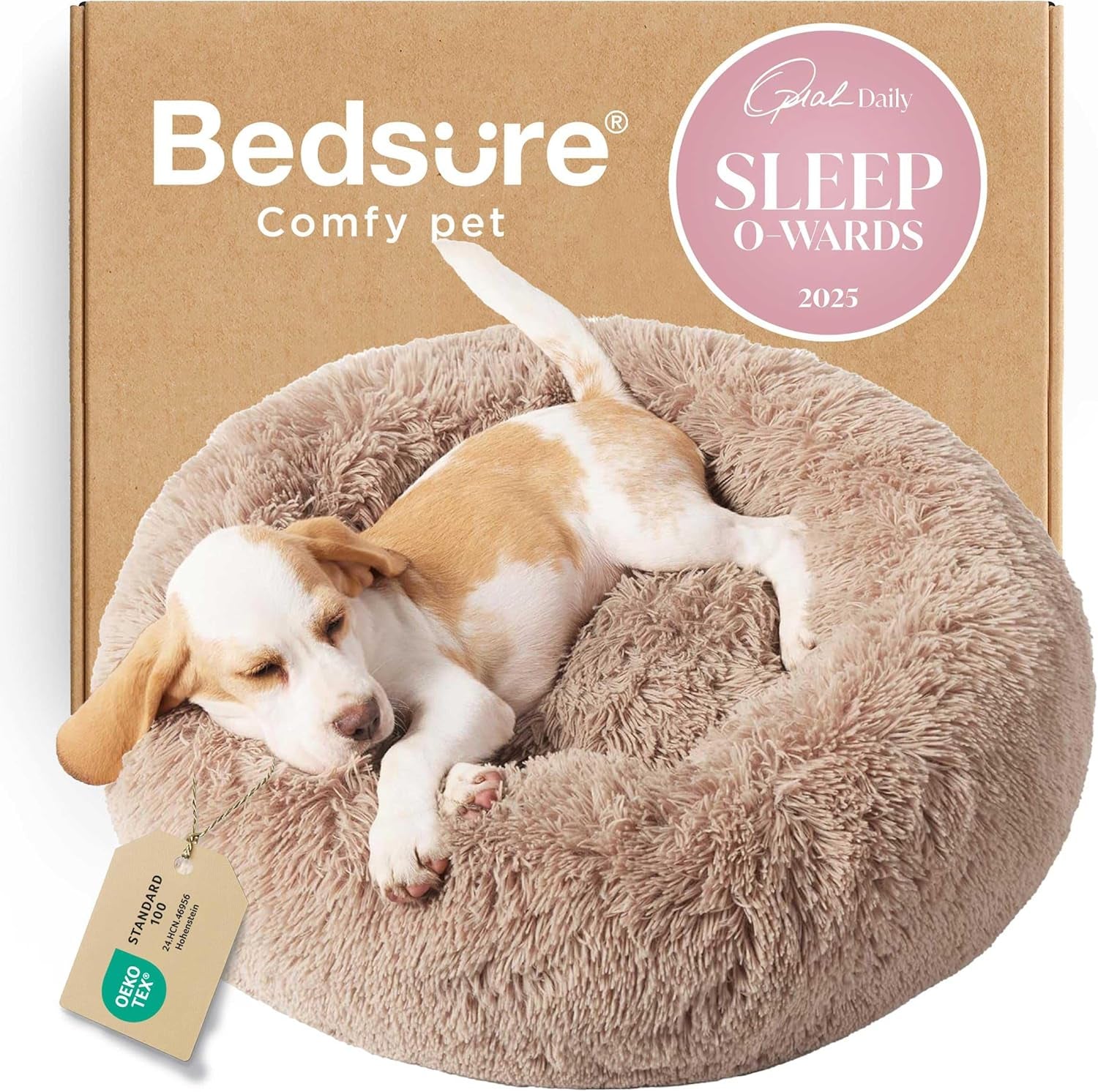Bedsure Calming Dog Bed for Small Dogs - Donut Washable Small Puppy Bed, 23 Inches Anti-Slip round Fluffy Plush Faux Fur Large Cat Bed, Fits up to 25 Lbs Pets, Camel