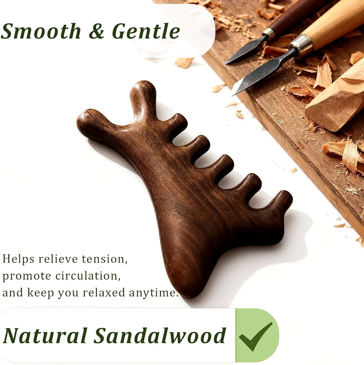 Natural Sandalwood Gua Sha Tool – 4-In-1 Face & Body Massager for Lymphatic Drainage, Jawline Lift, Nose Sculpting & Scalp Massage – Self-Care Gift for Women