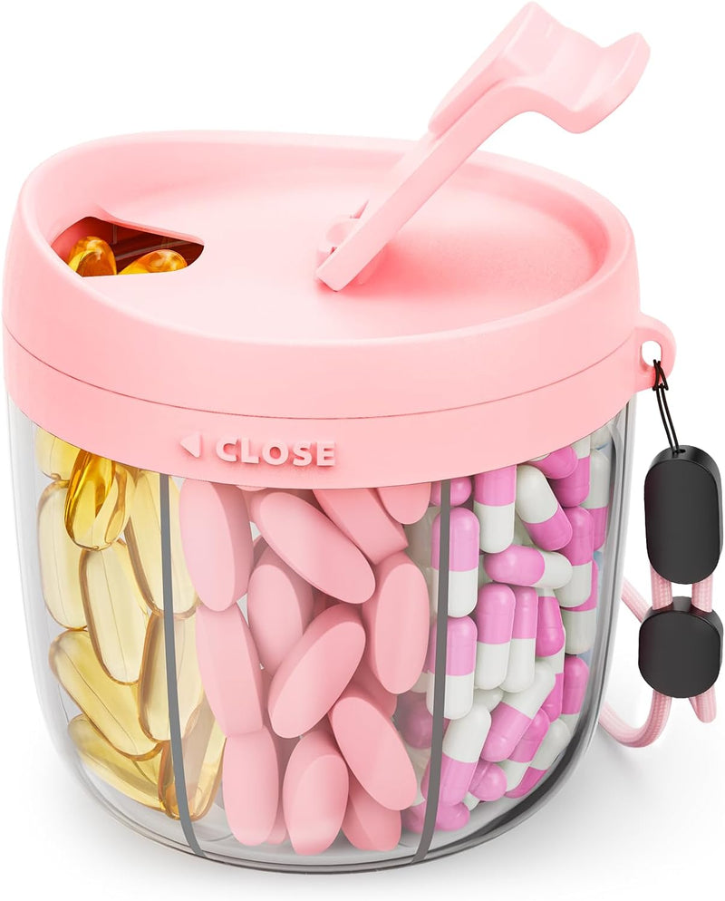 Cute Pill Dispenser with 7 Compartments, Pill Bottle Organizer with Anti-Mix Design, Portable Pill Organizer for Travel with Wide Mouth for Easy Access, Bpa-Free Patented Pill Container, Pink