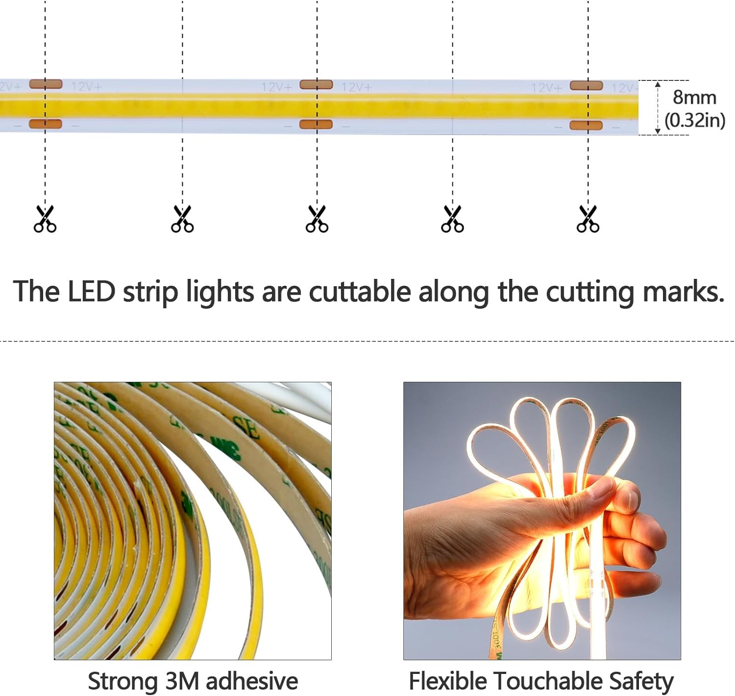 Motion Sensor COB LED Light Strip 16.4Ft(5M) Warm White 3000K 3 Lighting Modes 3 Timing off Modes 3 Brightness Modes with Power Adapter for Kitchen Cabinets Stair Showcase Bedroom Bed
