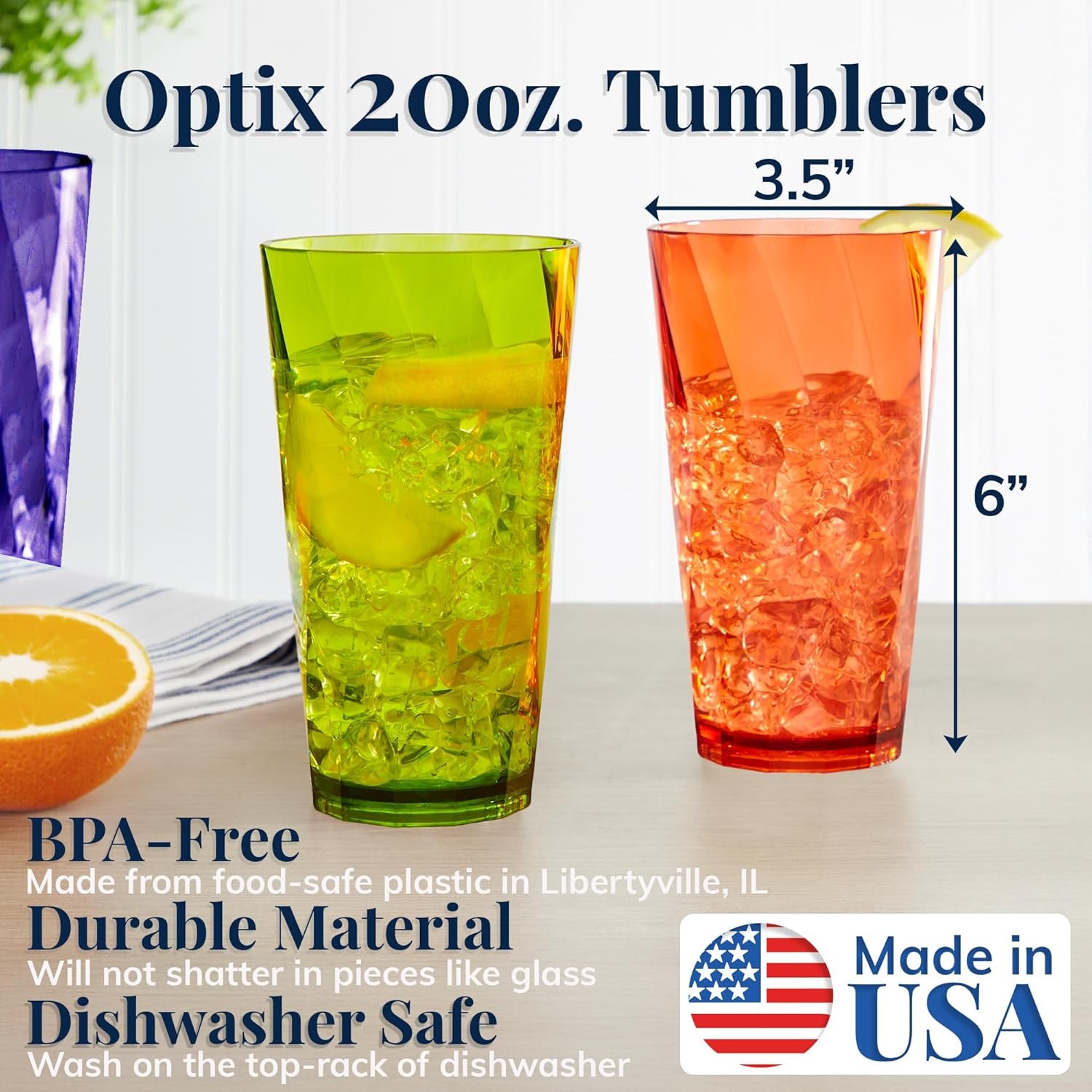 Optix Plastic Reusable Drinking Glasses (Set of 8) 20Oz Water Cups in Jewel Tone Colors | Bpa-Free Tumblers, Made in USA | Top-Rack Dishwasher Safe
