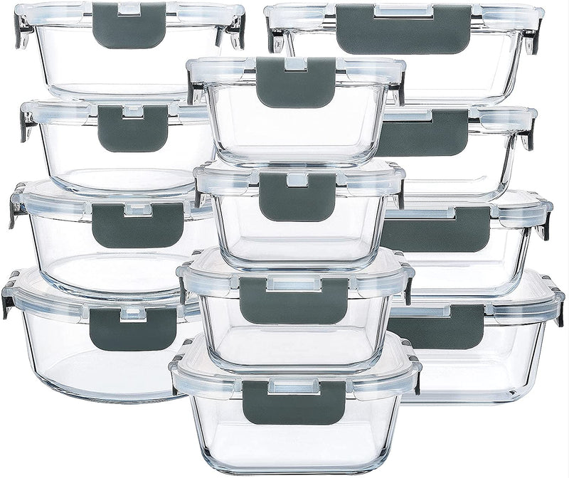 24-Piece Glass Food Storage Containers with Upgraded Snap Locking Lids,Glass Meal Prep Containers Set - Airtight Lunch Containers, Microwave, Oven, Freezer and Dishwasher