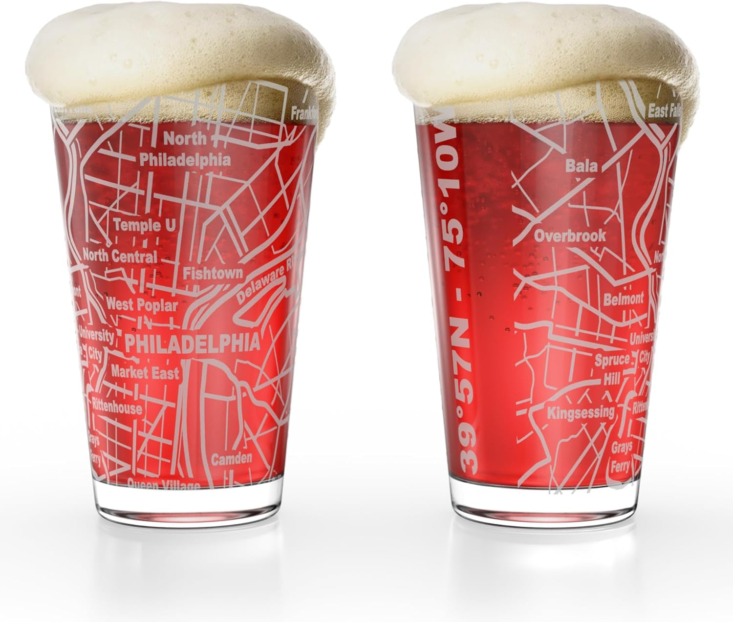 â€“ Philadelphia, PA Map Pint Beer Glasses (Set of 2), 16 Oz â€“ Etched Wrap Design