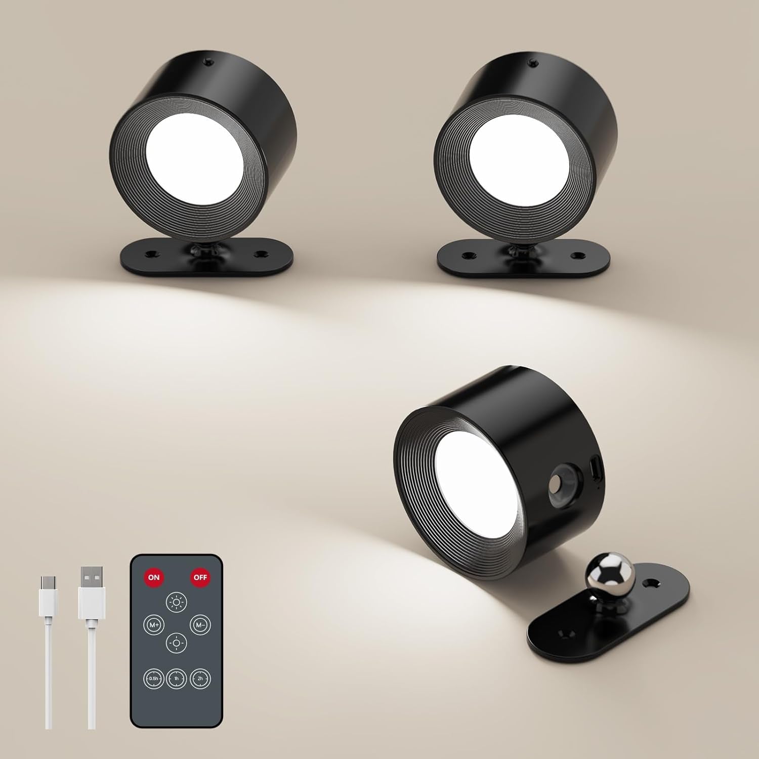 3 Pack LED Wall Sconces, Battery Operated Wall Lights for Reading, Cordless Bedside Lamp with Remote & Touch Control, 360Â° Magnetic Rotation & Rechargeable, 3 Color Modes Dimmable (Black)