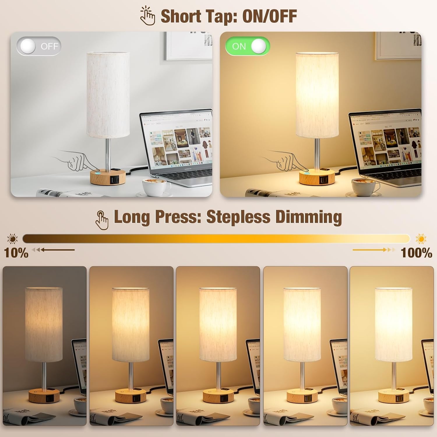 Touch Bedside Table Lamp with Memory - Stepless Dimmable Lamp for Bedroom, Small Nightstand Lamp with Dual USB Charging Ports and AC Outlet, Wood Night Light, Desk Lamp for Nursery, Living Room, Dorm