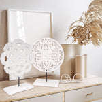 2 Pack Wooden Carved Cutout Flower Medallion Sculpture, Rustic Distressed White MDF Statues Home Tabletop Decor, Decorative Ornaments for Living Room, Bedroom, Office Desktop, Cabinets