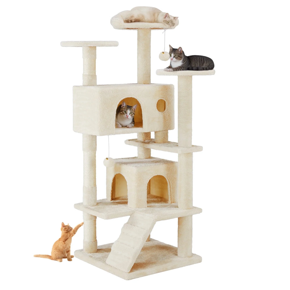 54 Inch Cat Tree Tower with Scratching Post, Multi-Level Cat Condo Pet House Play with Stable Base, Beige