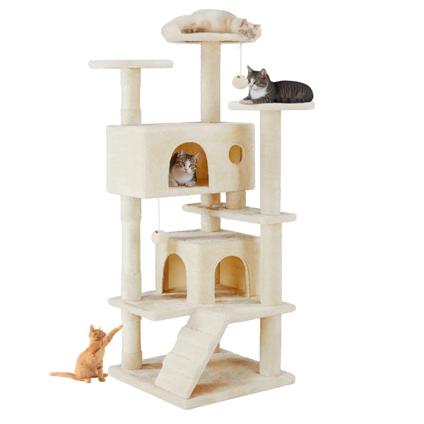 54 Inch Cat Tree Tower with Scratching Post, Multi-Level Cat Condo Pet House Play with Stable Base, Beige