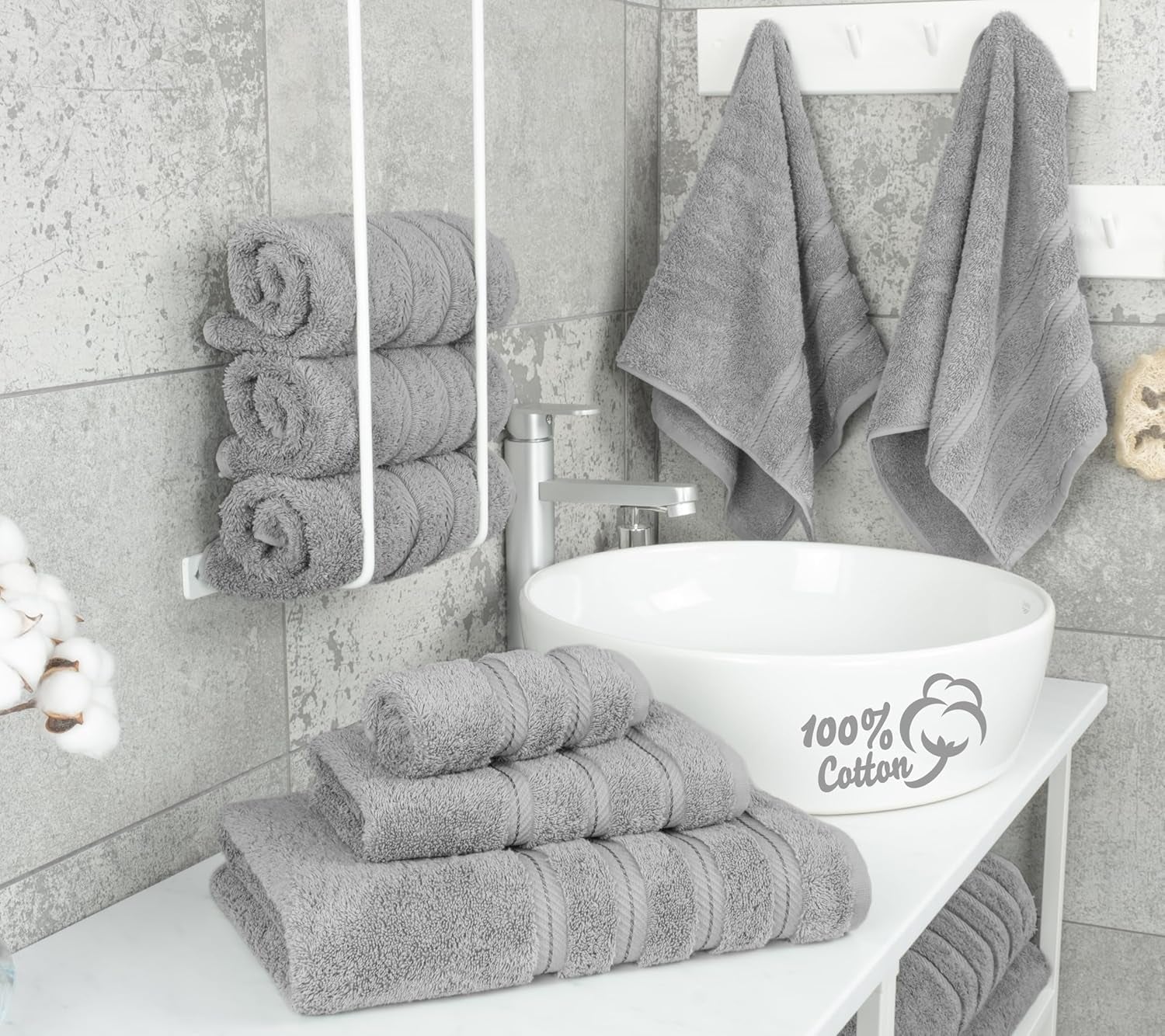 Luxury 6 Piece Towel Set, 2 Bath Towels 2 Hand Towel 2 Washcloths, 600 GSM 100% Cotton Turkish Towels for Bathroom, Light Grey Towel Sets