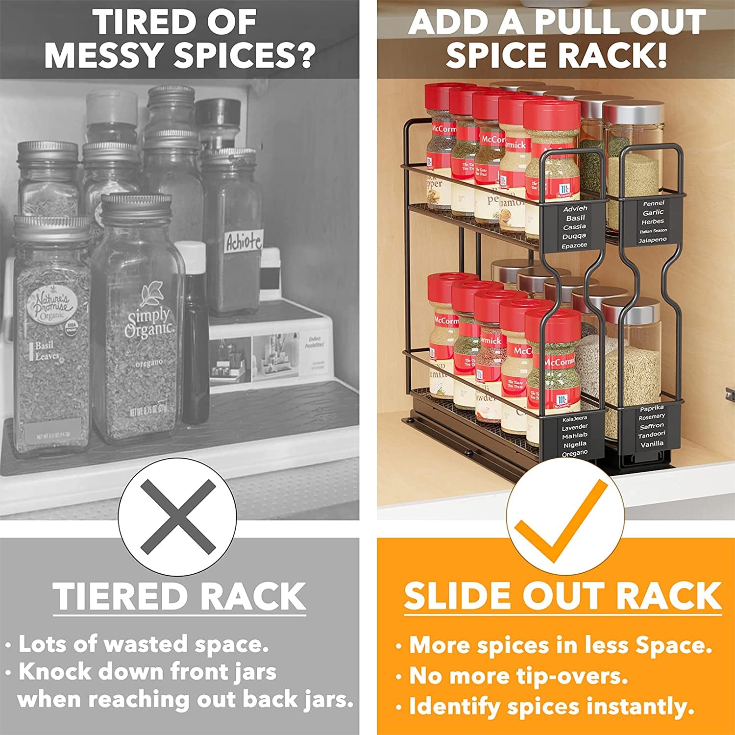 Pull Out Spice Rack Organizer for Cabinet, Heavy Duty Slide Out Seasoning Kitchen Organizer, Cabinet Organizer, with Labels, 5.2" W X10.75 D X10 H, 2 Drawers 2-Tier