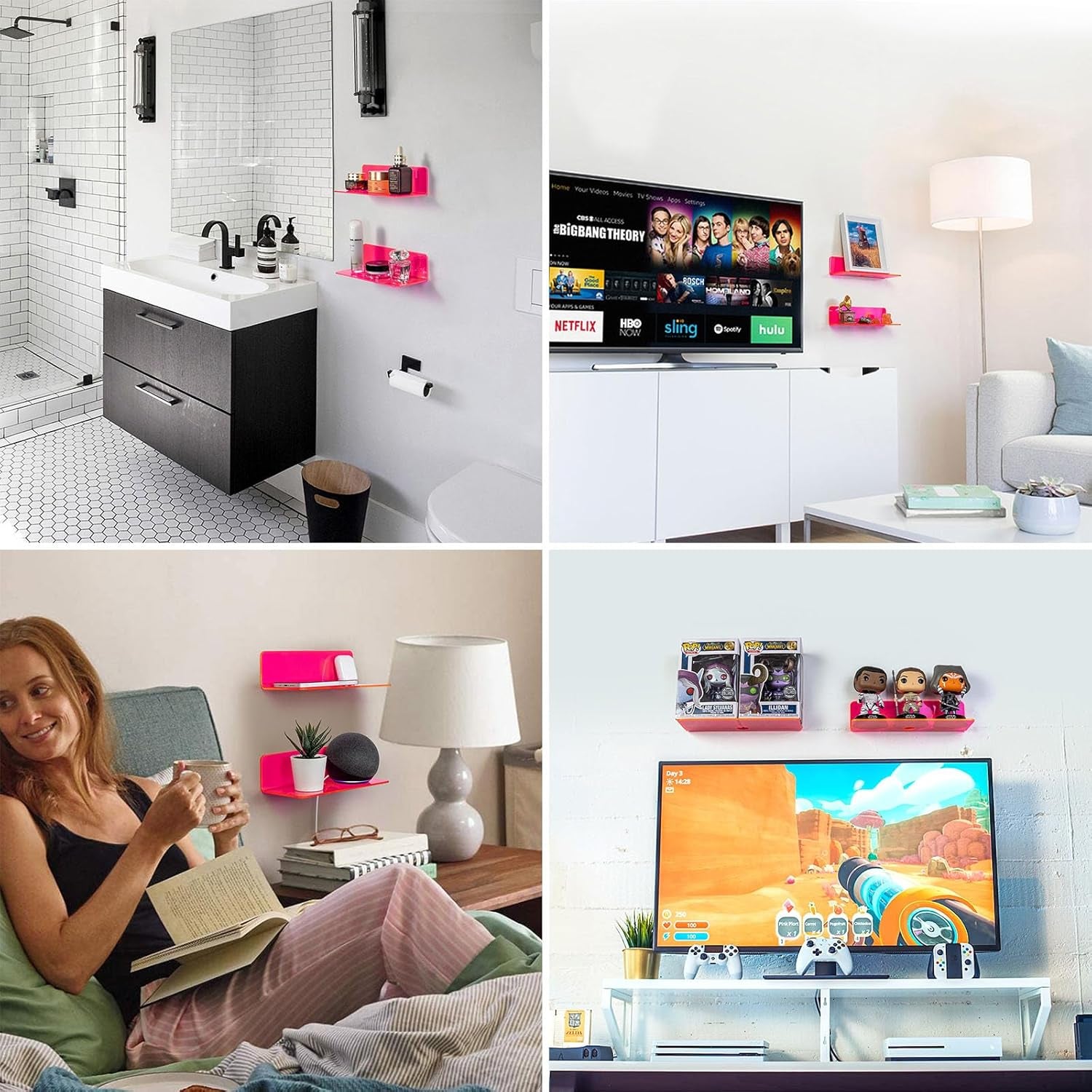 Acrylic Floating Shelves Set of 2 - Easily Expand Wall Space - Small Wall Shelf with Strong Adhesive for Bedroom, Kids' Room, Bathroom, Etc (Fluorescent Pink)