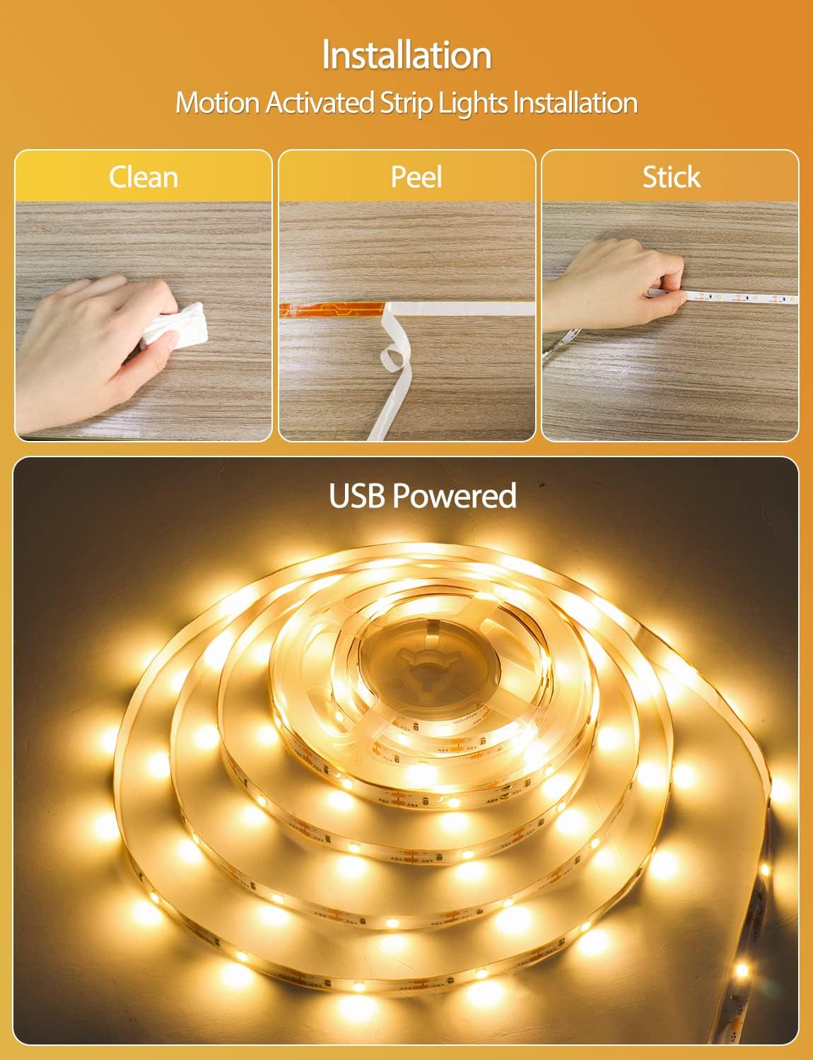 Motion Sensor LED Strip Lights, 9.8Ft under Bed Lights Motion Activated LED Bedside Lamp Illumination with Automatic Shut off Timer Indoor Night Light Closet Lights (Warm White) NO APP