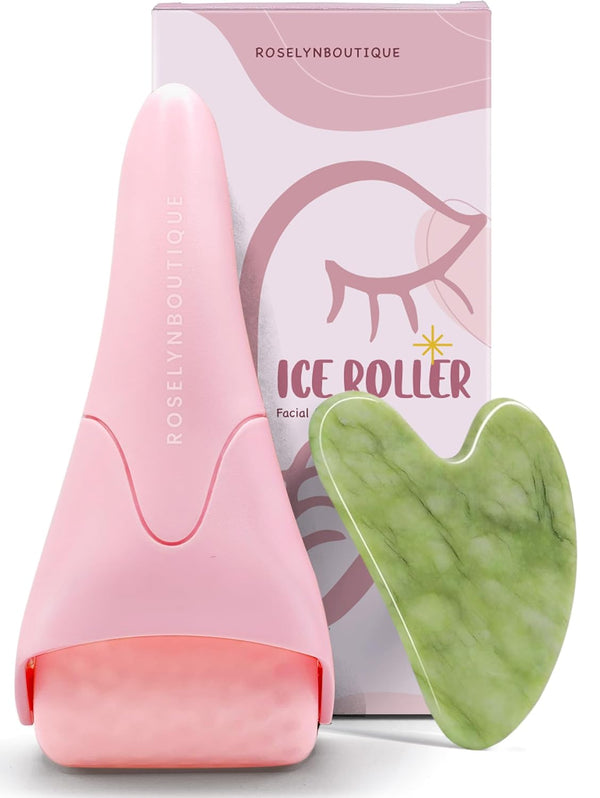 Ice Roller for Face & Gua Sha Facial Tools - Wrinkles Fine Lines Puffiness Massager Facial Skin Care Guasha Tools Self Care Gifts for Men Women (Pink)