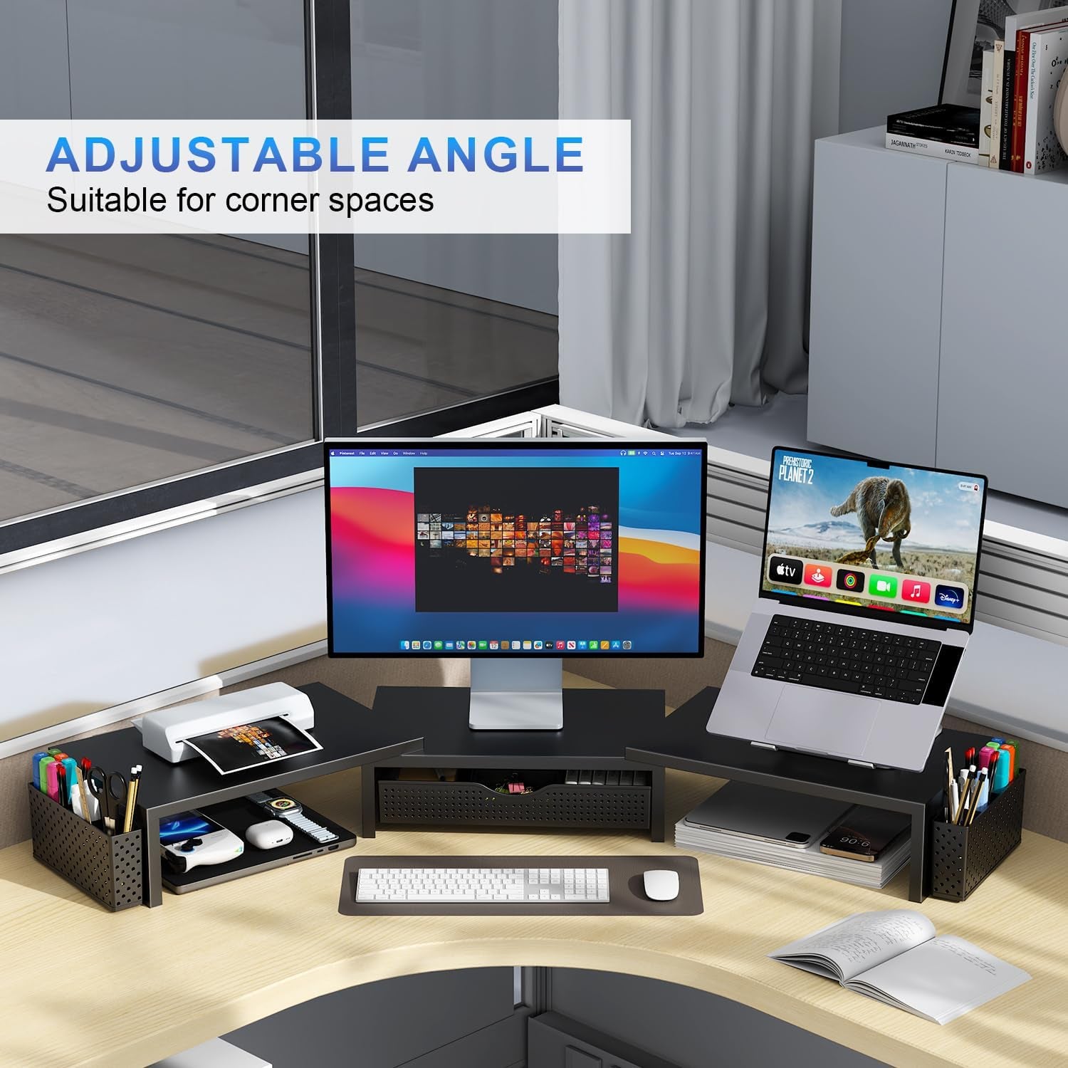 Dual Monitor Stand Riser, Desk Organizer with Drawer and 2 Pen Holders, Computer Monitor Stand, Desk Shelf for Top of Desk (Black)