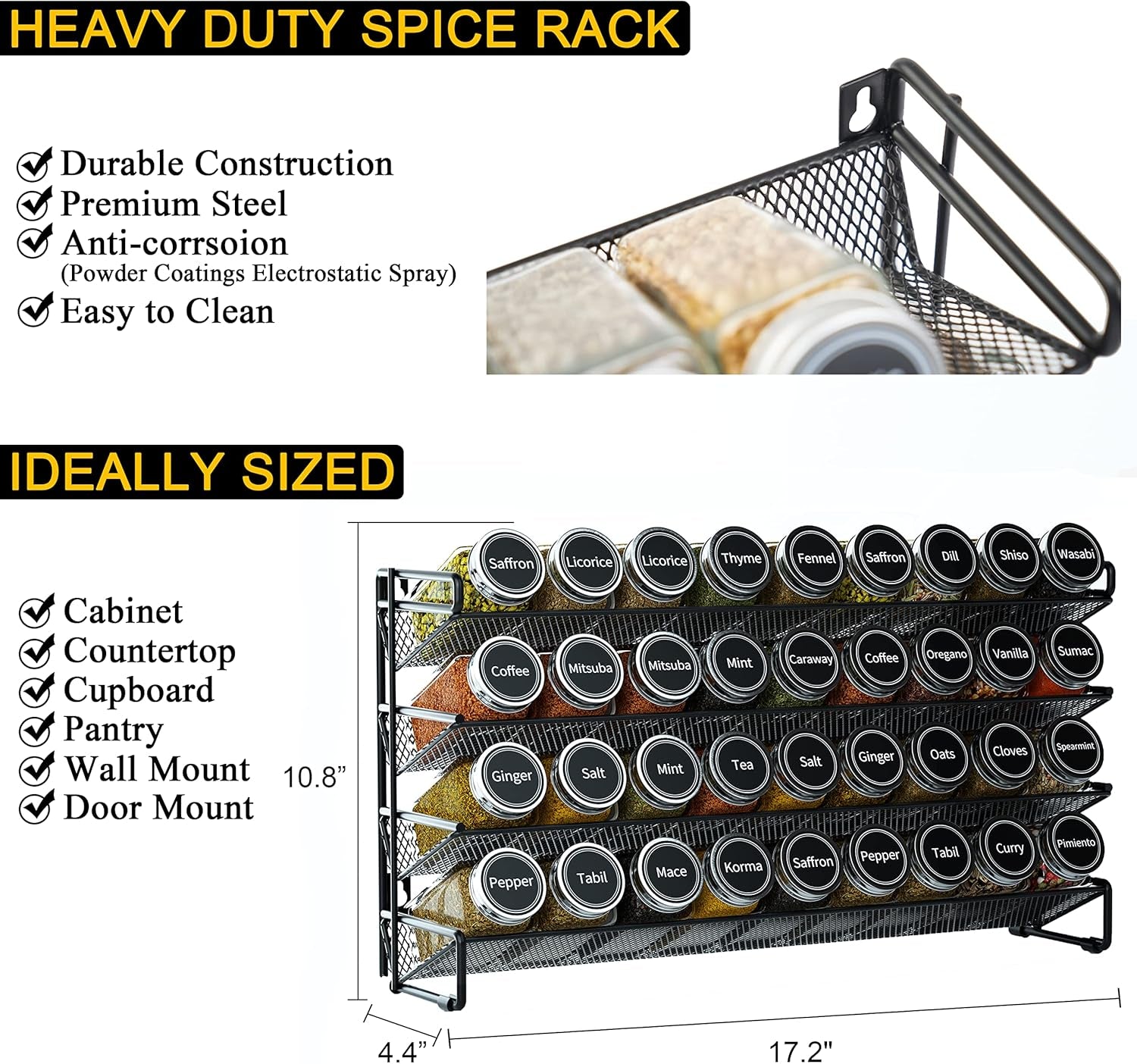 Spice Rack Organizer with 36 Spice Jars, 386 Spice Labels, Chalk Marker and Funnel Set for Cabinet, Countertop, Pantry, Cupboard or Door & Wall Mount - 36 Jars, 17.2" W Ã— 10.8" H, Black