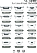 30 Pieces Glass Food Storage Containers with Snap Locking Lids,Glass Meal Prep Containers Set - Airtight Lunch Containers, Microwave, Oven, Freezer and Dishwasher