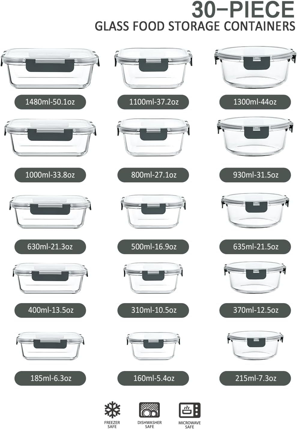 30 Pieces Glass Food Storage Containers with Snap Locking Lids,Glass Meal Prep Containers Set - Airtight Lunch Containers, Microwave, Oven, Freezer and Dishwasher
