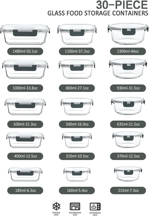 30 Pieces Glass Food Storage Containers with Snap Locking Lids,Glass Meal Prep Containers Set - Airtight Lunch Containers, Microwave, Oven, Freezer and Dishwasher