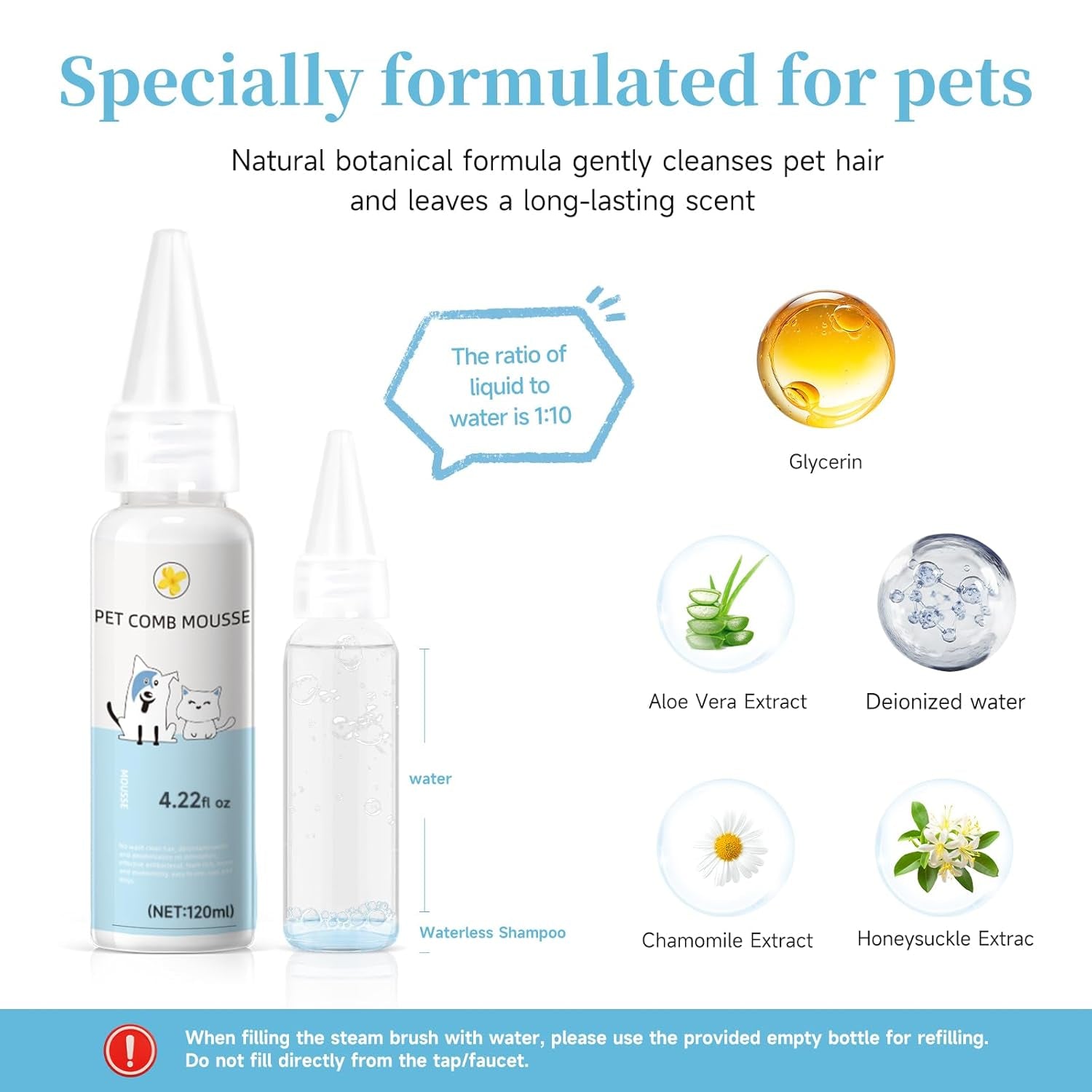 Pet Steam Brush for Dog & Cat – 3-In-1 Spray Hair Removal Comb for Shedding & Grooming, Softens Fur & Reduces Static – Water Brush for Long & Short Coats, Bath-Hating Pets, Includes Waterless Shampoo