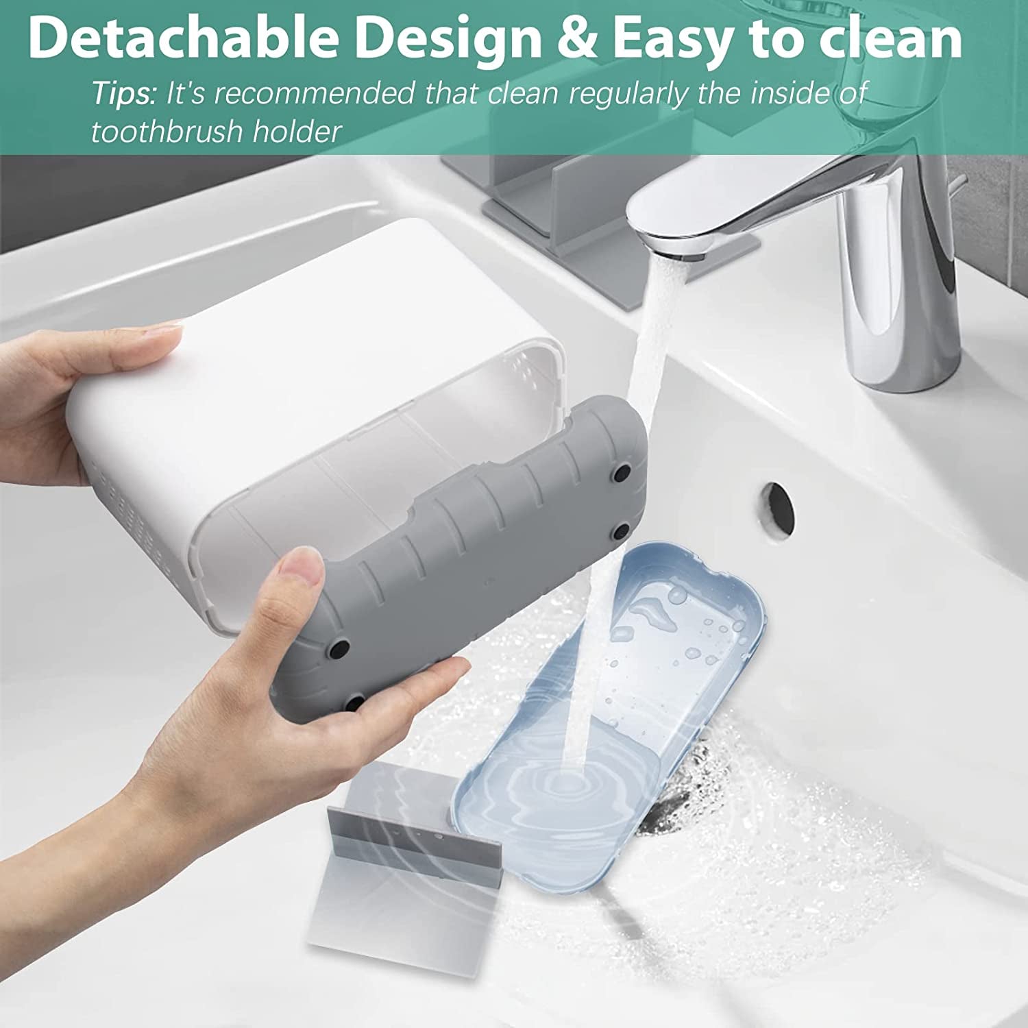 Toothbrush and Toothpaste Holder Drainage for Bathroom Countertop with Adjustable Dividers, Large Toothpaste Caddy Organizer Storage Rustic Decor Set Anti-Slip for Shower,Family,Kids Gray