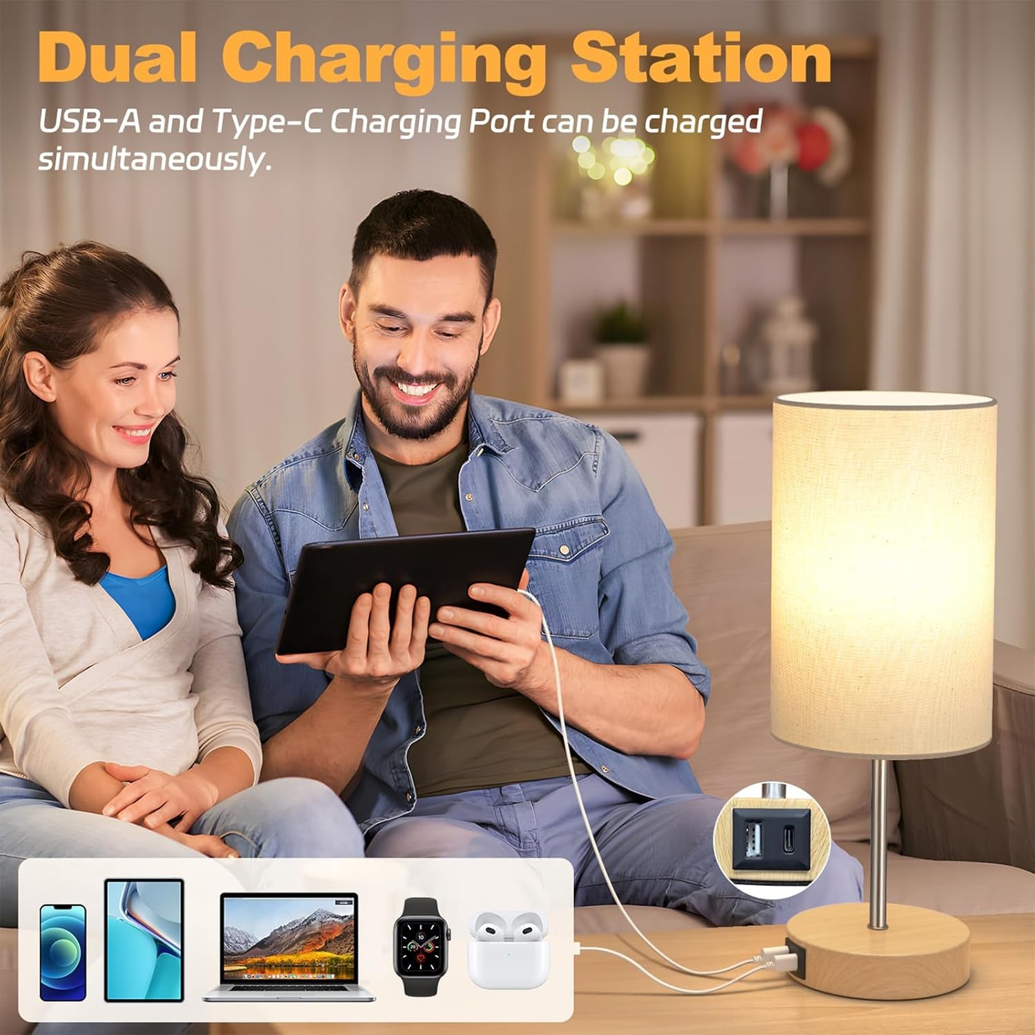 Table Lamp for Bedroom, 3 Way Dimmable Touch Lamp with Dual Charging Station, Small Bedside Lamps for Night Stands, Living Room, Office(Led Bulb Included)