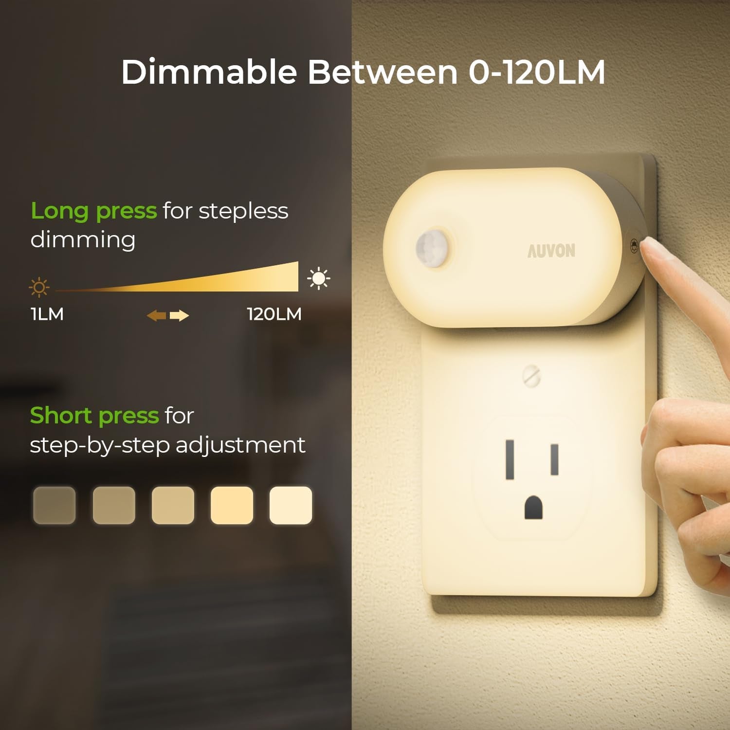 Night Light Plug in with Motion Sensor (120 Lumens), Dimmable Smart LED Night Lights, 1-120Lm Brightness, for Bathroom, Hallway, Garage, Toilet (4 Pack)