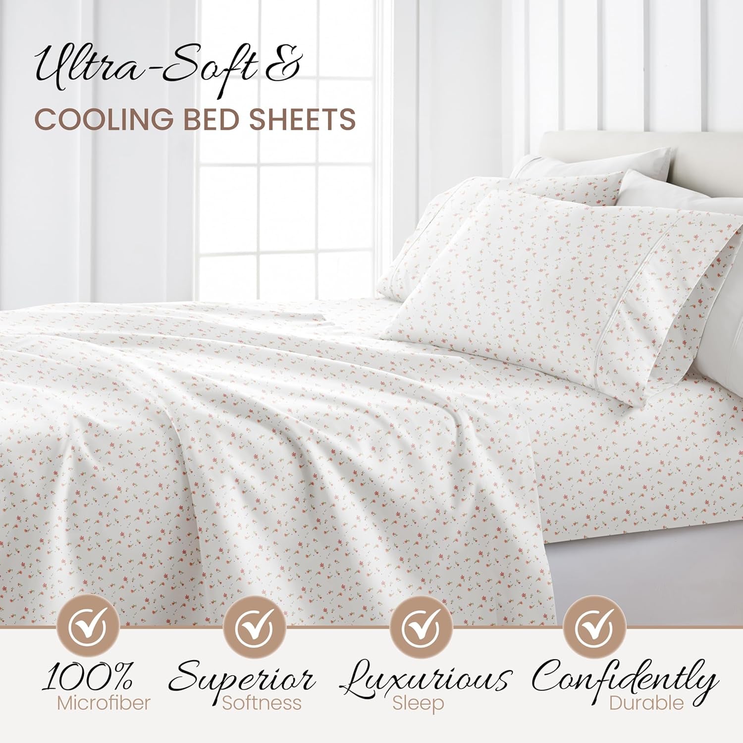 4 Piece Queen Sheet Set - Breathable, Double-Brushed Patterned Cooling Sheets â€“ Oeko-Tex Certified Ultra Soft & Wrinkle-Free 16" Deep-Pocket Queen Sheets - Easy Care Soft Floral Pink
