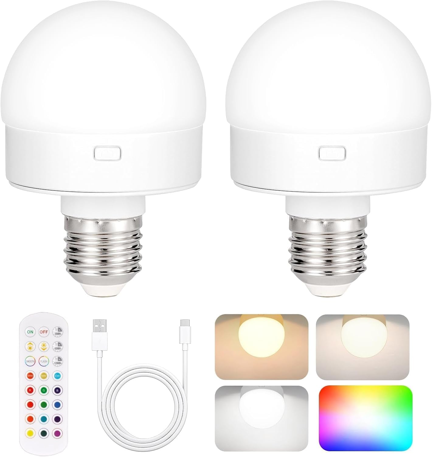 Rechargeable Battery Operated Light Bulb with Remote & Timer, Dimmable Backup Magnetic LED Bulb with 15 Colors, Wireless Puck Light Bulb for Wall Sconce Lamps, Non-Hardwired, 2-Pack