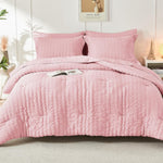 Pink Full Size Comforter Sets Seersucker 7 Pieces, All Season Luxury Bed in a Bag for Bedroom, Bedding Set with Comforters, Sheets, Pillowcases & Shams