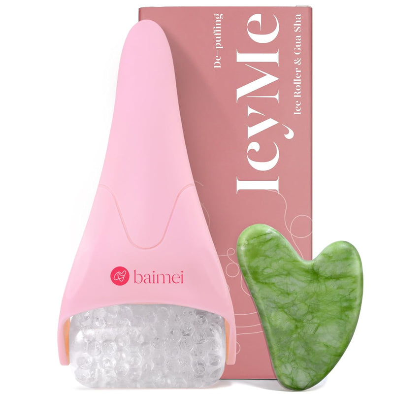 Icyme Ice Roller for Face and Gua Sha Facial Tool Set, Ice Face Roller Reduces Puffiness Relieves Migraines Skin Care Tools, Self Care for Women - Pink