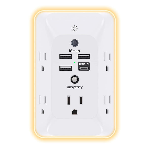 Outlet Extender with Night Light,  Multi Plug Outlet, USB Wall Charger Surge Protector 4 USB Ports(1 USB C), Power Strip Electrical Outlet Splitter Expander for Home Office Dorm Room, ETL