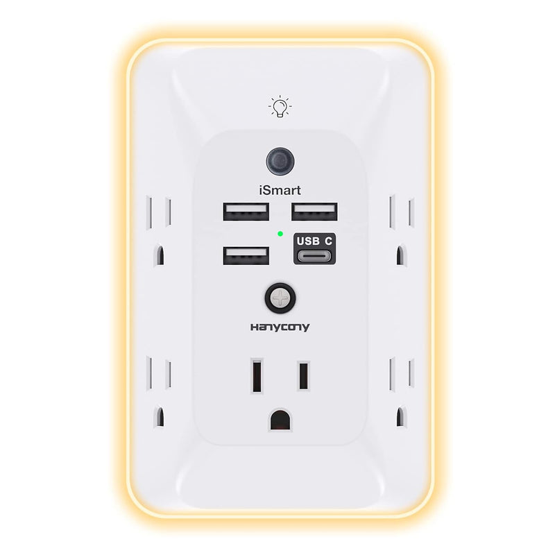 Outlet Extender with Night Light,  Multi Plug Outlet, USB Wall Charger Surge Protector 4 USB Ports(1 USB C), Power Strip Electrical Outlet Splitter Expander for Home Office Dorm Room, ETL