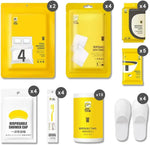 48Pcs Disposable Travel Set: Bed Sheet*2 Duvet Cover*2 Pillow Case*4 Bath Towels*4 Shower Caps*4 Plastic Bathtub Bag*5 Toilet Seat Covers*4 Compression Face Towel*15 Toothbrushes*4 Slippers*4