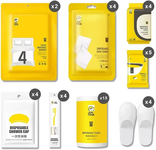 48Pcs Disposable Travel Set: Bed Sheet*2 Duvet Cover*2 Pillow Case*4 Bath Towels*4 Shower Caps*4 Plastic Bathtub Bag*5 Toilet Seat Covers*4 Compression Face Towel*15 Toothbrushes*4 Slippers*4