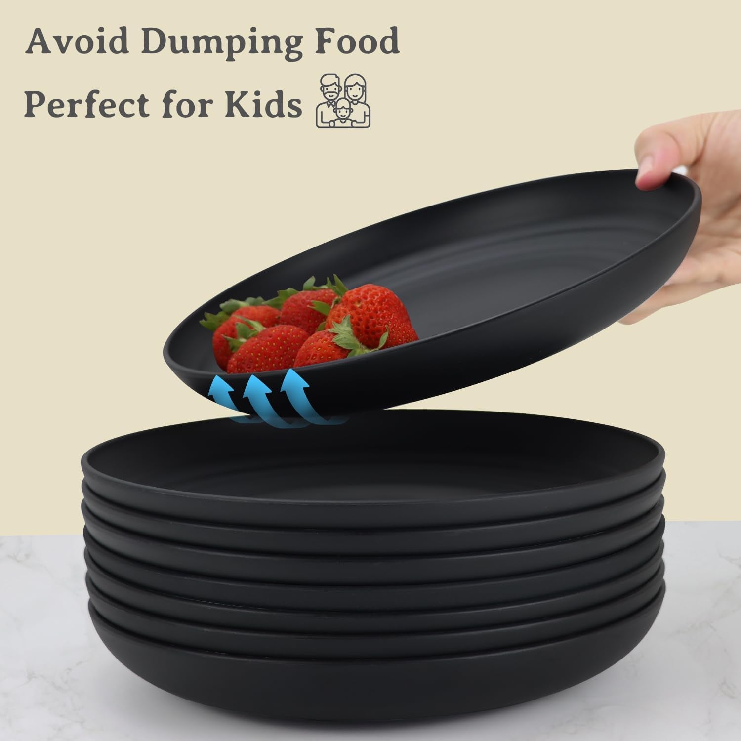 Wheat Straw Plates - 8 Inch Unbreakable Dinner Plates Set of 8 - Dishwasher & Microwave Safe Plastic Plates Reusable - Lightweight Plates for Kitchen,R.V (Pure Black)