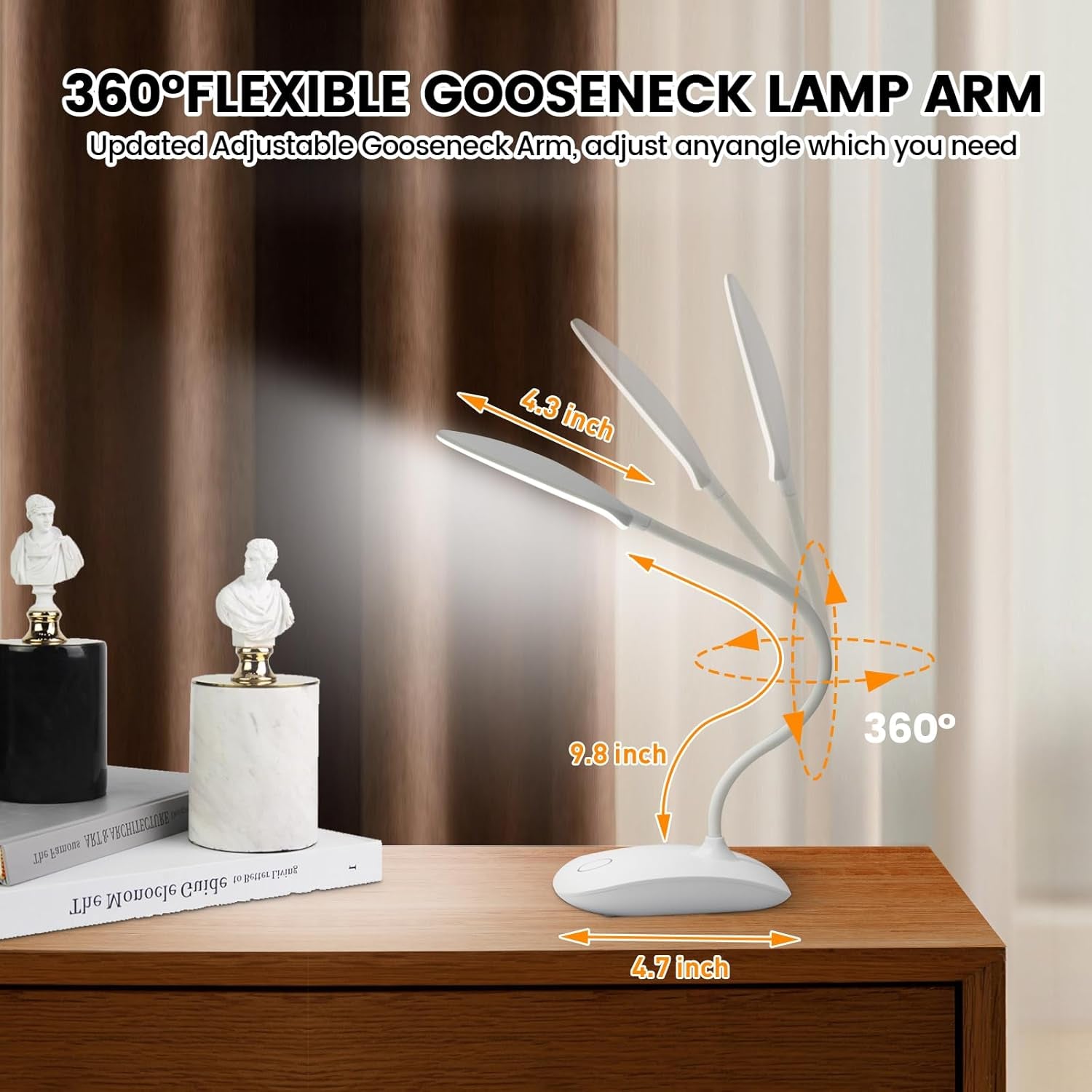 Battery Powered Desk Lamp, Portable Lamps Rechargeable 3 Color Modes Touch Control Stepless Dimming, Wireless Desk Lamp with 2000Mah, Small LED Table Light for Dorm Study Office Bedroom,White