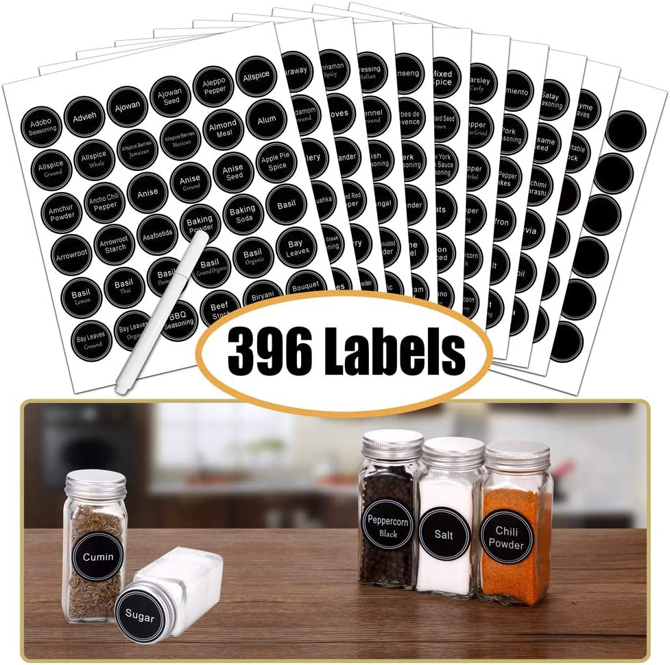 Spice Rack Organizer with 36 Empty Square Spice Jars, 396 Spice Labels with Chalk Marker and Funnel Complete Set, for Countertop, Cabinet or Wall Mount, Black
