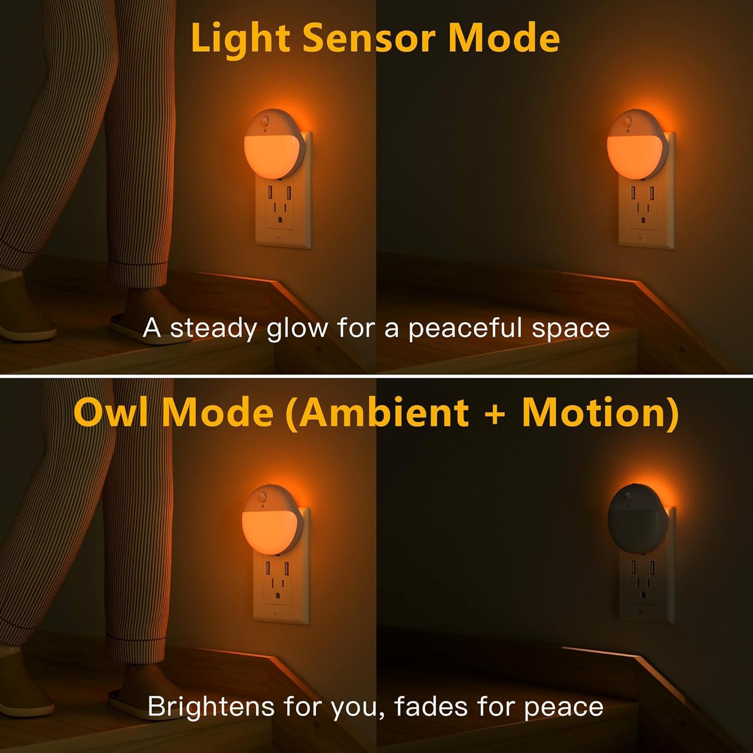 2 Pack Plug in Sleep Night Light with Motion Sensor and Dusk to Dawn Sensor, 3 Modes, Soft Glow, Stepless Dimming, LED Lights for Bedroom, Sleep, Baby Nursery, Kids, Toddler, Home Decor (Amber)
