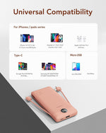 Portable Charger with Built-In AC Plug and Cables, All in One 10000Mah Ultra Slim Power Bank Travel Essentials, Fast Charging Battery Pack Compatible with Iphone, Samsung, More(Dark Pink)