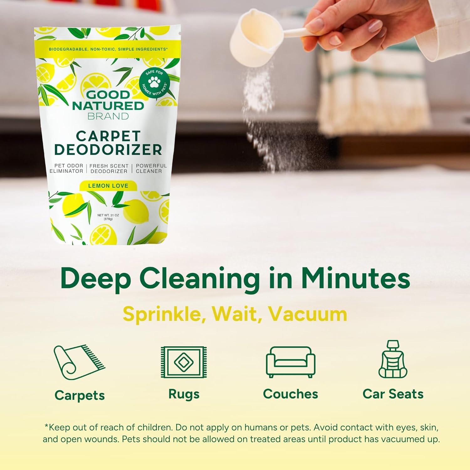 | Carpet Deodorizer & Freshener Powder | 31 Oz Pet Odor Eliminator for Strong Odor & Pet Urine | Fresh Natural Lemon Scent | Safe for Homes with Pets