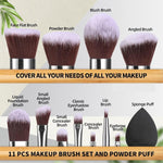 Makeup Brush Set 11Pcs Bamboo Synthetic Kabuki Brush Set Foundation Powder Blending Concealer Eye Shadows Blush Cosmetics Brushes with Travel Organizer Bag & Makeup Sponge (Bamboo 11)
