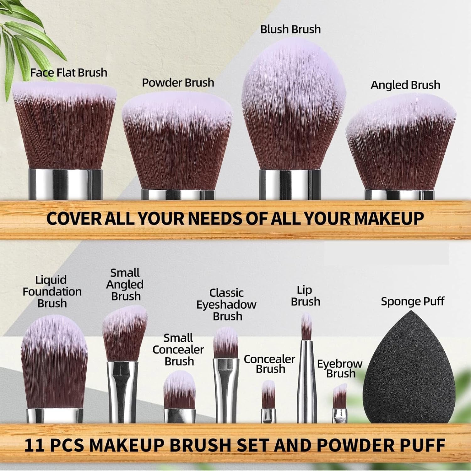 Makeup Brush Set 11Pcs Bamboo Synthetic Kabuki Brush Set Foundation Powder Blending Concealer Eye Shadows Blush Cosmetics Brushes with Travel Organizer Bag & Makeup Sponge (Bamboo 11)