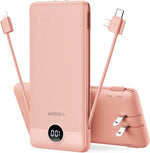 Portable Charger with Built-In AC Plug and Cables, All in One 10000Mah Ultra Slim Power Bank Travel Essentials, Fast Charging Battery Pack Compatible with Iphone, Samsung, More(Dark Pink)
