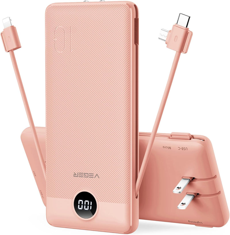 Portable Charger with Built-In AC Plug and Cables, All in One 10000Mah Ultra Slim Power Bank Travel Essentials, Fast Charging Battery Pack Compatible with Iphone, Samsung, More(Dark Pink)