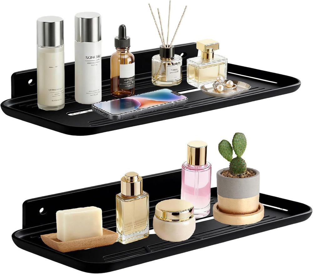 Adhesive Floating Shelves No Drill Floating Shelf for Wall Storage Damage-Free Wall Mounted Organizer for Bathroom, Kitchen, Bedroom & Office (Black, 2 PCS)