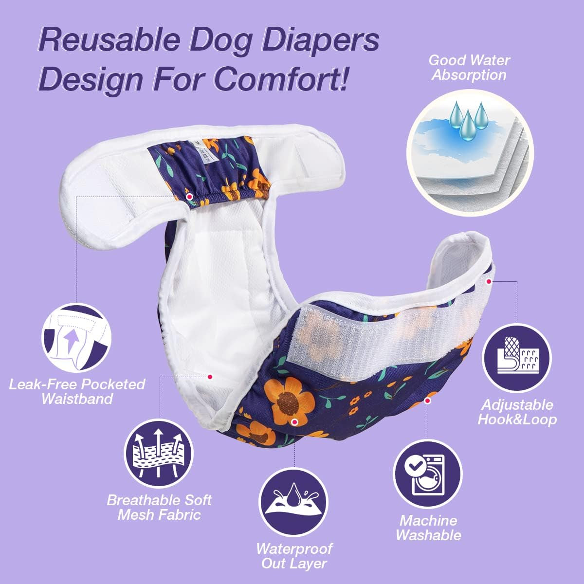 Washable Female Diapers (3 Pack) Female Dog Diapers, Comfort Reusable Doggy Diapers for Girl Dog in Period Heat (Cute Flower, XS)