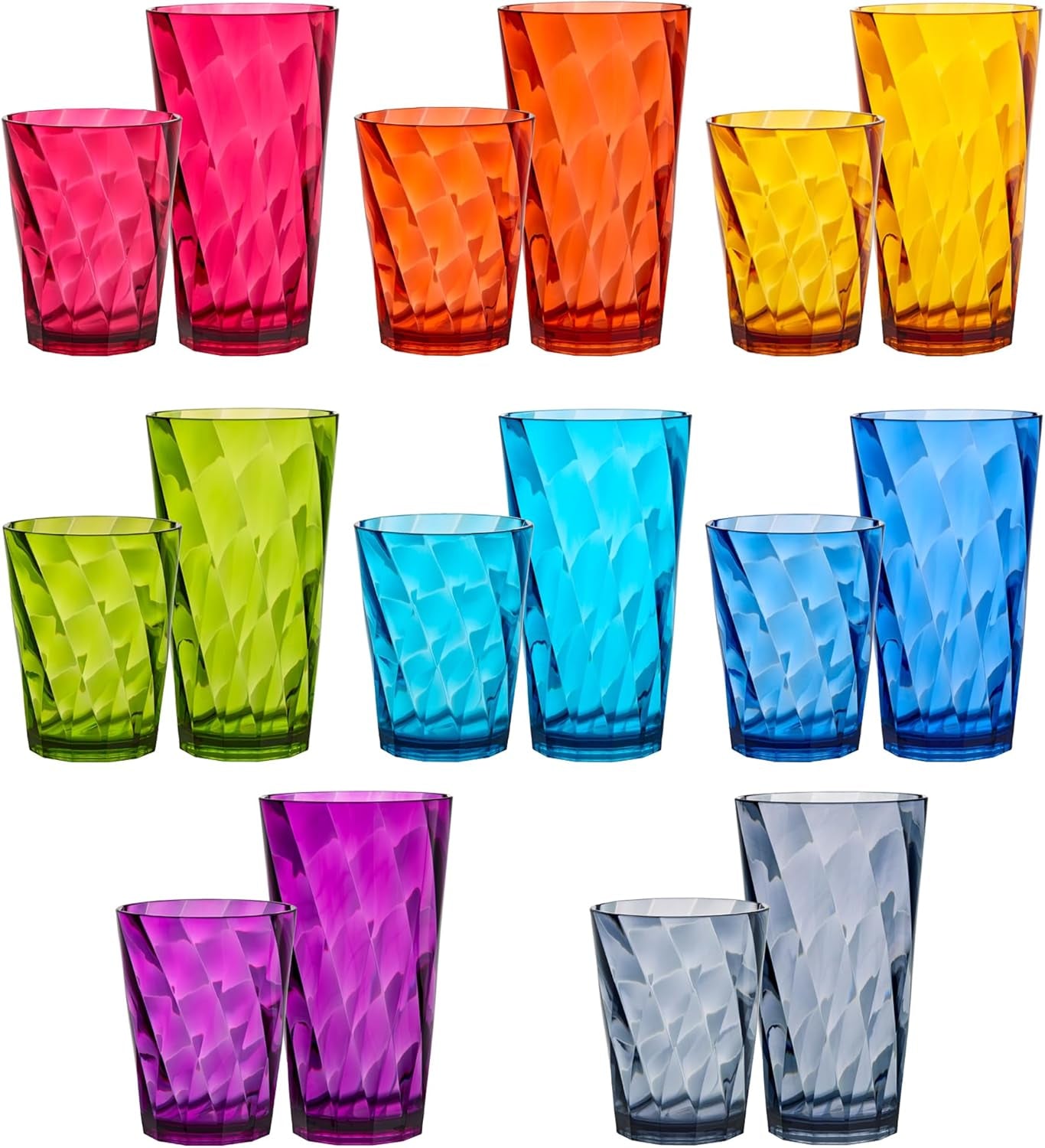 Optix Plastic Reusable Drinking Glasses (Set of 16) 14Oz Rocks & 20Oz Water Cups in Jewel Tone Colors | Bpa-Free Tumblers, Made in USA | Top-Rack Dishwasher Safe